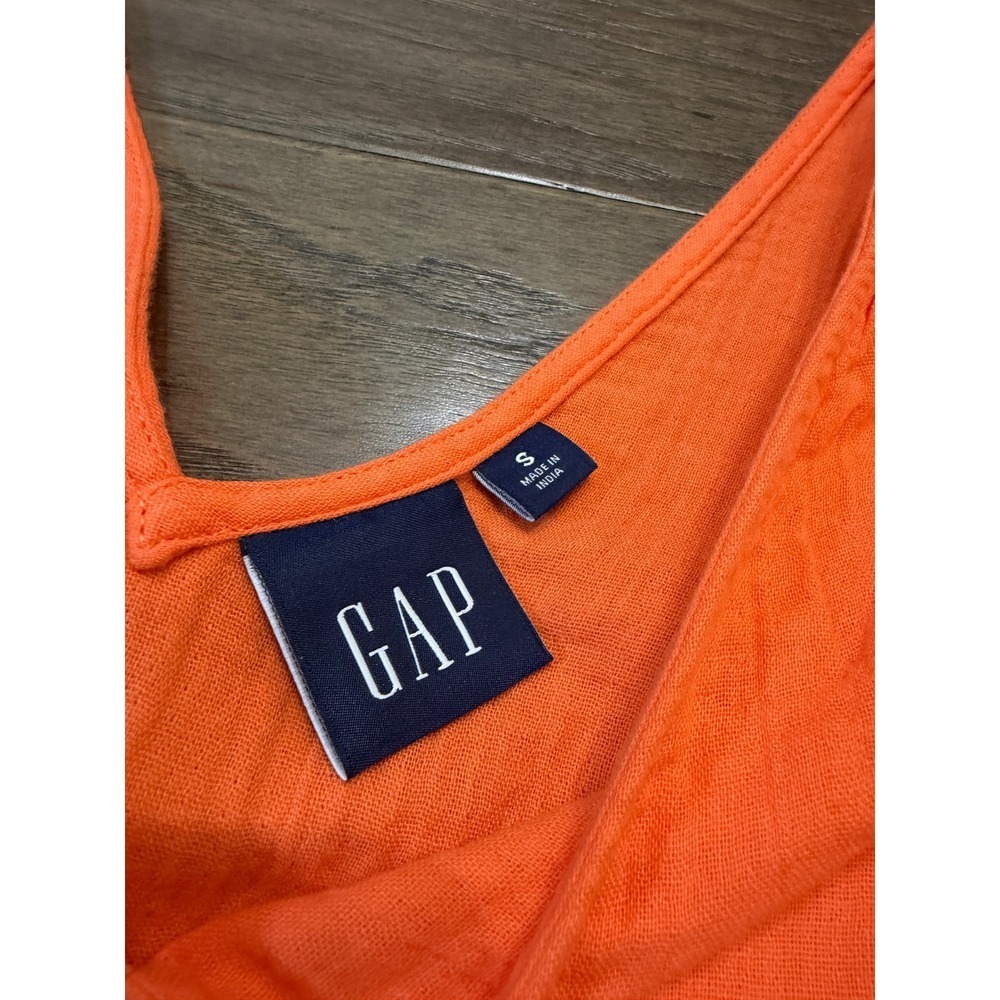 Gap Orange Cotton Double Gauze Puff Sleeve Tiered Mini Dress Small V-Neck Pocket - Picture 3 of 8
